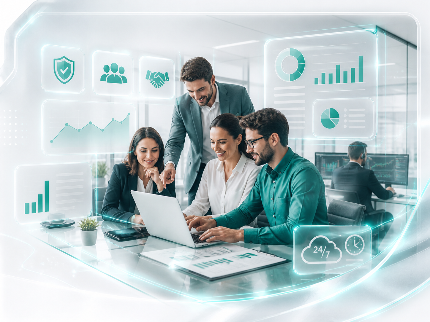 Equipe profissional da Panorama Tecnologia em ambiente moderno com painéis inteligentes