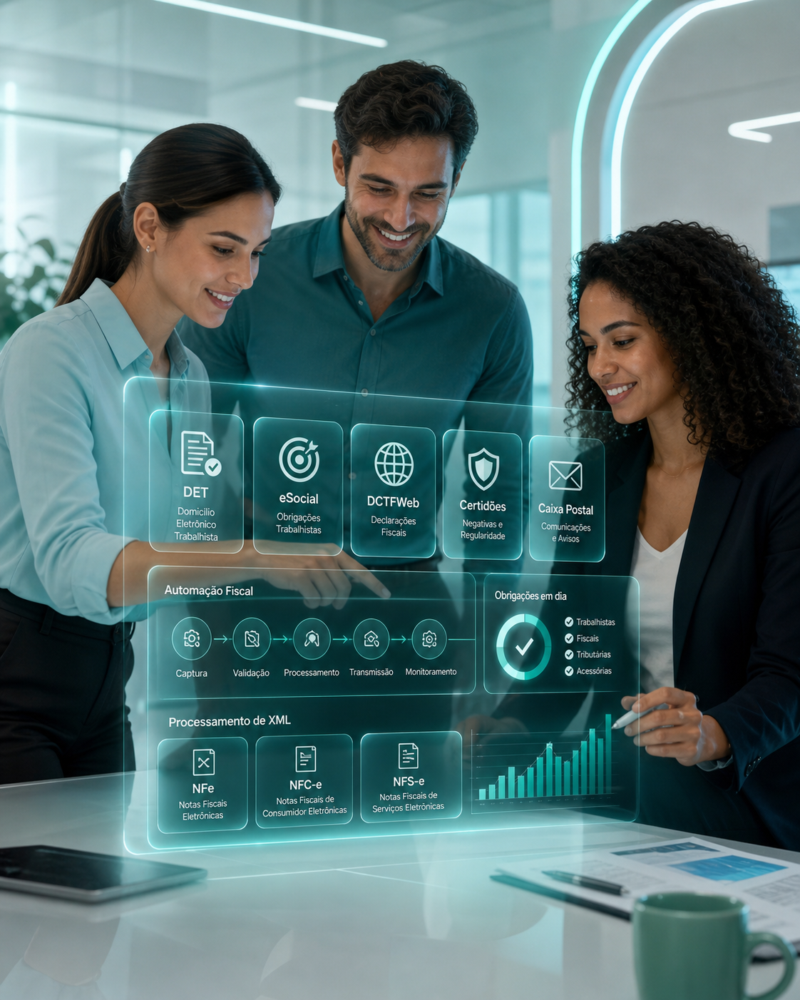 Equipe colaborando em escritório moderno com painel digital de automação fiscal