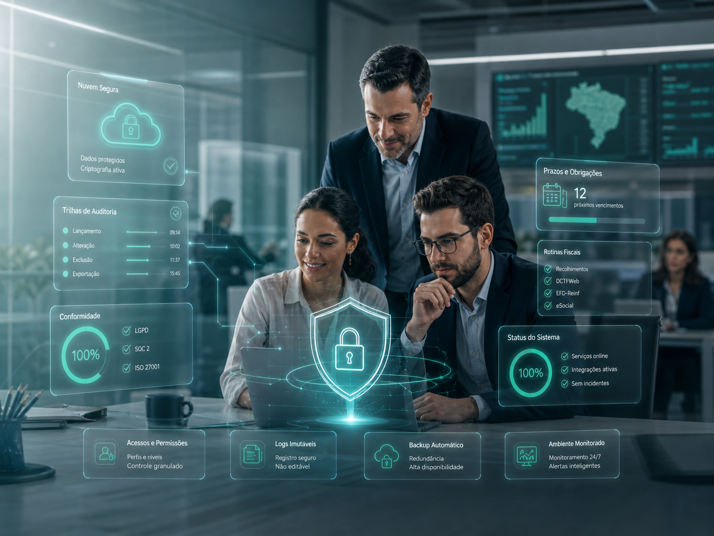 Ambiente corporativo com foco em segurança da informação e colaboração tecnológica